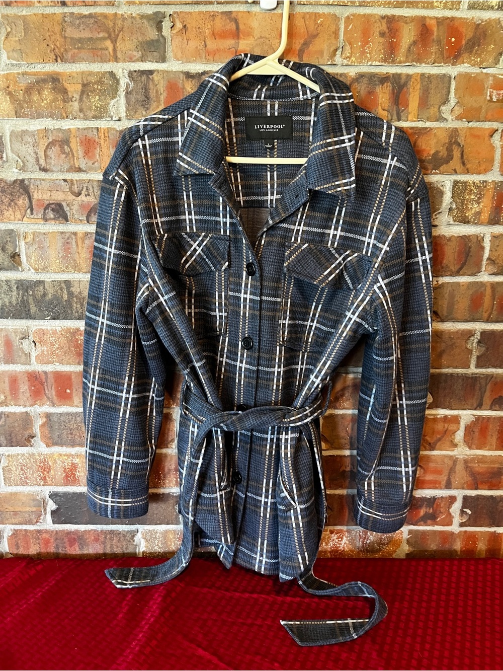 Liverpool Navy White Tan Plaid Belted Shirt Jacket